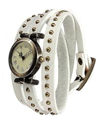 Women Lady Retro Vintage Weave Rivet Leather Band Quartz Bracelet Wrist Watch White