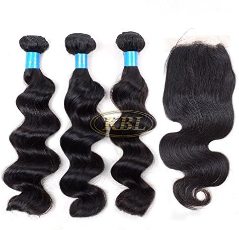 KBL® 7A Brazilian Virgin Hair Loose Wave 3 Bundles with 4*4 Silk Base Closure Free Part 180% Density Remy Human Hair Extensions #1B (26"28"30" hair weft+18" lace closure)
