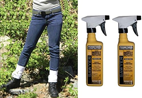 TickGuard Starter Package 2 GW 2-12oz (Green/White) One Size Fits All! - Includes; 1 Army Green Fabric Belt, 2 White Leg Gaiters and 2 12oz Sawyer Permethrin Spray Bottles