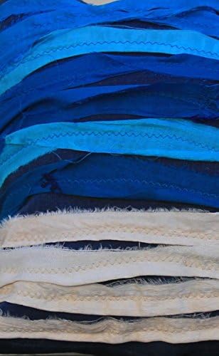 Bicoastal Sari Waves 12 x 24 inch Designer Lumbar Pillow Indigo Linen Blue Aqua Sand Silk Sari Strips Colorful Vibrant Comfortable Beach Nautical Coastal Home Made in the USA
