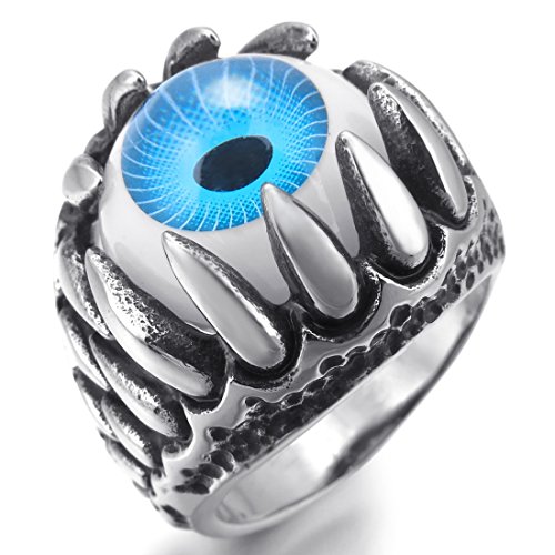Men's Stainless Steel Resin Ring Silver Black Blue White Skull Dragon Claw Evil Devil Eye Gothic Biker