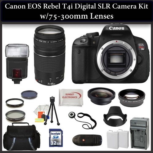 Canon EOS Rebel T4i(650D) Digital SLR Camera with 75-300mm Lens. Package Includes: Canon T4i Body, Canon EF 75-300mm f/4.0-5.6 III Autofocus Lens, 0.45X Wide Angle Lens, 2X Telephoto Lens, 3 Piece Filter Kit(UV-CPL-FLD), Lens Hood, Digital Flash, 32GB Memory Card, Memory Card Reader, 2 Extended Life Replacement Batteries, Rapid Travel Charger & More..! 6558B001
