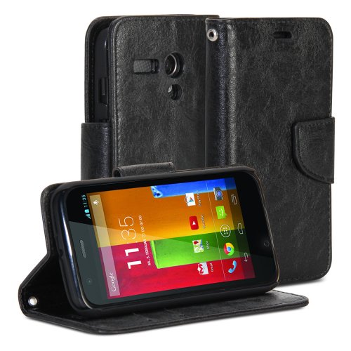 Moto G Case, GMYLE(R) Black Crazy Horse Pattern PU Leather Protective Flip Folio Slim Fit Wallet Purse Stand Case Cover for Motorola Moto G X1032 2013 (Not Fit For 2014 Version)