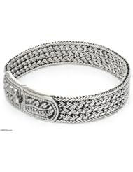 Sterling silver wristband bracelet, Woven Hideaway - Handcrafted Floral Sterling Silver Wristband Bracelet