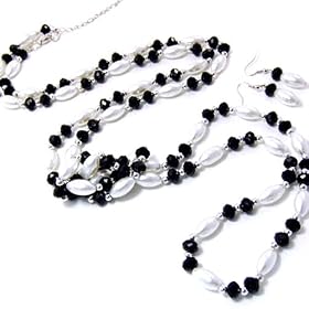 White Oval Glass Pearl and Crystal Long 30" Necklace and Earring Set