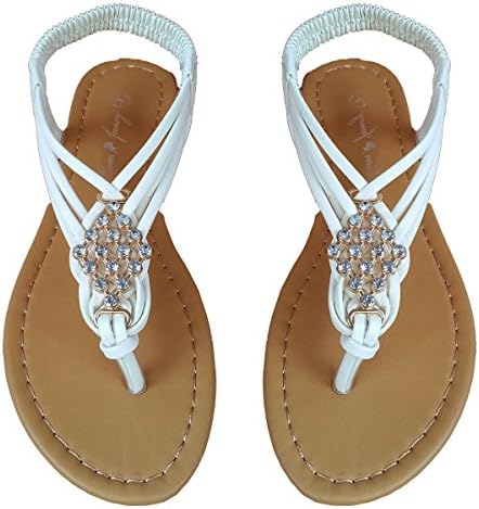 Elegant Women's Fashion White Color Gladiator Thong Flat Cute Sandals With Rhinestones White 9 , M US