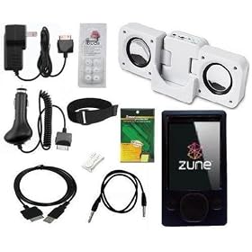 10 Items Accessory Bundle Combo for Microsoft Zune 80GB / 120GB Series MP3 Player: Black Silicone Skin Case Cover, USB 2in1 Data Sync Cable, Car Charger, Wall / Travel / AC Adapter Charger, 3.5mm Auxillary Cable, Belt Clip, Armband, Earbud Caps with 3 different sizes, Portable Foldable Speaker Dock, and a Screen Protector