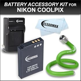 Clearmax® Nikon ENEL12 Battery Power Kit for Nikon Coolpix P310, S6300, S9300, S1200pj, AW100, S100, S8200, S6200, P300, S9100, S6100, S8100, S1100pj, S8000, S6000, S1000pj, S70, S640, S630, S620, S710, Includes Nikon Compatible ENEL-12 High Voltage Battery + Ac/dc Mini Traveling Charger + Flexible 