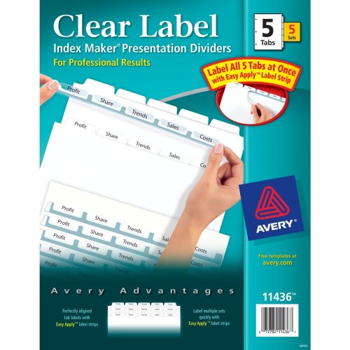 Avery Index Maker Clear Label Dividers with Easy Apply Label Strip, White Tabs, 5 Tabs per Set, 5 Sets per Pack (11436)