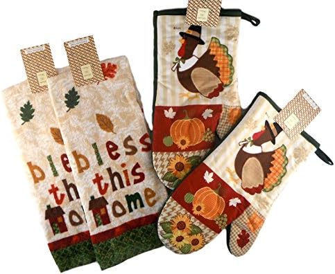 Autumn Harvest Kitchen Gift Set - Bundle of 4 Items: 2 Dish Towels &amp; 2 Quilted Oven Mitts (Bless This Home Turkey)