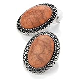Oval Pierced Fashion Earrings Burnt Silver & Coral