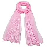100% Silk Crepe Embroidered and Beaded Flower Hand Rolled Wavy Edges Long Scarf Shawl - Pink