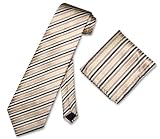 Diagonal Stripes Neck Tie Tan Yellow Black Necktie Hanky Set