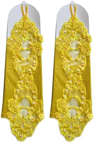 Mommyonline Fingerless Elbow Length Flora Lace Faux Pearl Sequin Satin Gloves (Yellow)