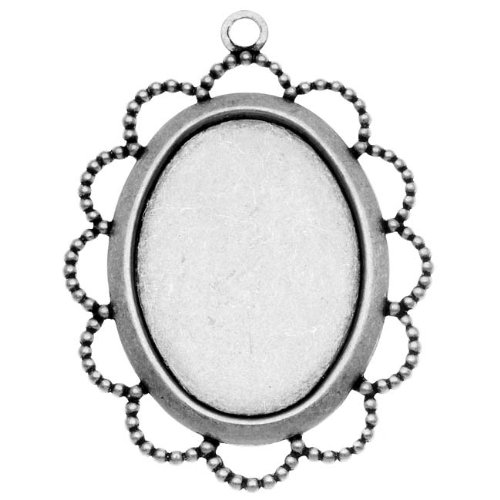 Antiqued Silver Plated Bezel Pendant With Beaded Floral Edge 18x25mm (4)