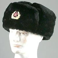 RUSSIAN HAT/SOVIET MILITARY HAT WITH EAR FLAPS (BLACK)/SHAPKA-USHANKA [Made in Moscow, Russia. Size: 59 (L). Material: faux fur with cotton lining. Cockade not included] [This genuine Russian winter hat with ear flaps, or ushanka (officer's hat), is brand new and comes straight from a military factory. Pull down the ear flaps or tie them on top of the hat. The black faux fur is made from high-quality fibers. This men's hat is an elegant choice for city and business wear. When skiing, or in the country, lower the fur ear flaps for extra warmth. With the flaps up or down, it is a stylish, well-tailored, authentic accessory. Warm, fashionable, and an excellent value]