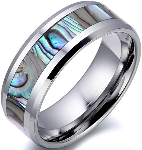 8mm Tungsten Carbide Ring Colorful Abalone Shell Inlay Polish Beveled Edge Wedding Band Comfort Fit (9)