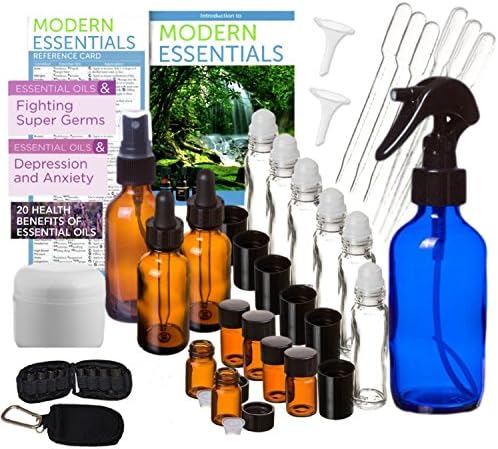 Essential Oil Bottles Amber Glass and Cobalt Blue Glass 31 Piece Deluxe Kit- Aromatherapy Supplies for Home, Health and Wellness, Glass Roll on Bottles, Cobalt Blue Spray Bottle, Empty Travel Vials, Amber Sprayer Bottles, Refillable Plastic Containers, Pipettes, Funnels, Essential Oil Guide and How to Reference Material. Bonus Essential Oil Travel Black Key Chain with Sample Vials