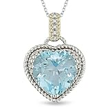 14k Yellow gold and silver blue topaz heart pendant TDW 1/4 Ct
