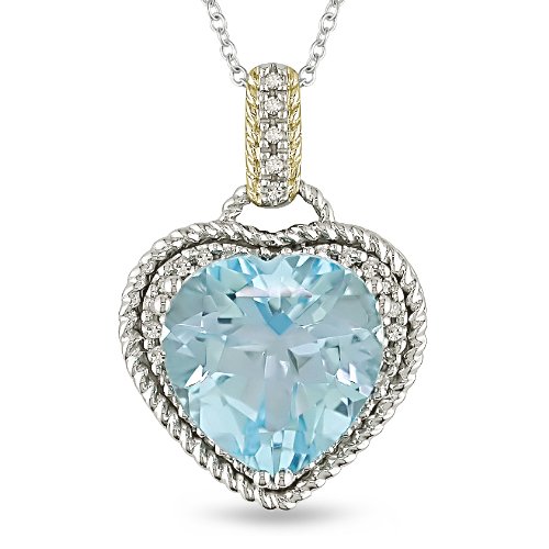 14k Yellow gold and silver blue topaz heart pendant TDW 1/4 Ct
