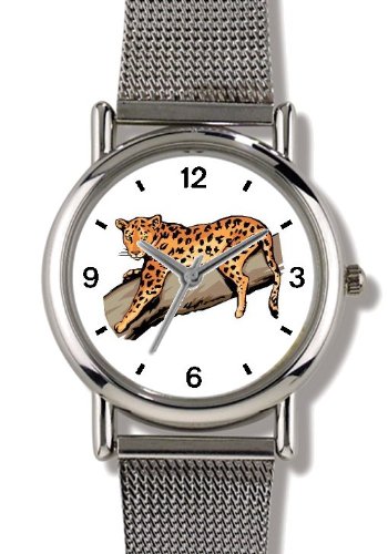 Leopard Cat - WATCHBUDDY® ELITE Chrome-Plated Metal Alloy Watch with Metal Mesh Strap-Size-Large ( Men's Size or Jumbo Women's Size )