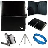 Black Executive Leather Portfolio Carrying Case Cover for Apple iPad (first generation) Model MB292LL/A, MB293LL/A, MB294LL/A (16GB, 32GB, 64GB) + Silver Tablet Stand + Universal Headrest Tablet Mount + SumacLife TM Wisdom Courage Wristband