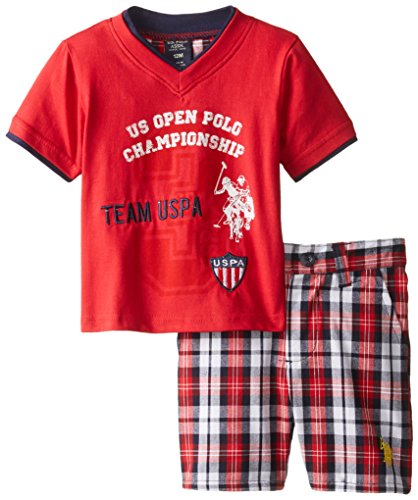U.S. Polo Assn. Baby-Boys Newborn Double Style T-Shirt and Plaid Short, Engine Red, 3-6 Months