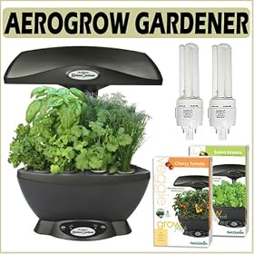 AeroGrow Ultimate Kitchen Gardener (SpaceSaver 6) in Black with AeroGarden Cherry Tomato And Salad Green Pods And Grow Bulbs