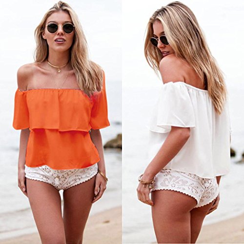 Sunward Sexy Women Off Shoulder Ruffled Low-cut Strapless Shirt Blouse Crop Tops