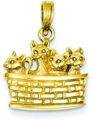 14K Yellow Gold 3D 4 Kittens in Basket Charm Pendant