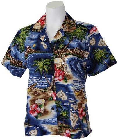 WOMEN'S ISLAND MAP HAWAIIAN SHIRT, S, NAVY