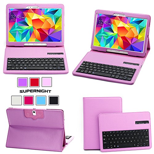 SUPERNIGHT Detachable Removable Wireless Bluetooth ABS Keyboard Portfolio Leather Case Cover With Camera Shutter Remote Control For Samsung Galaxy Tab S 10.5 inch T800 T805 Tablet.Color:Purple