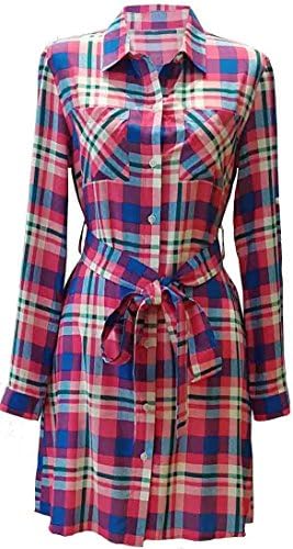 Orange Caramel Womens Long Sleeve Waist-Tie Plaid Dress S Pink