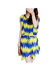 Above the Knee Two-Toned Striped Print Sleeveless Chiffon Round Neck Asymmetric  Dress