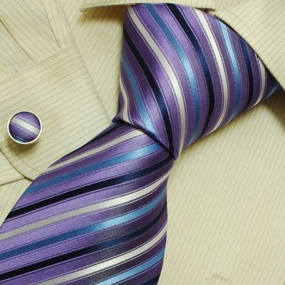 Blueviolet Striped Tie for Men White Stripes Discount Gifts Handmade Silk Neck Ties Cufflinks Set 6527