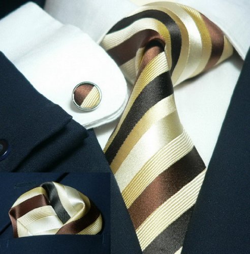Landisun 84A Ivory Brown Stripes Mens Silk Tie Set: Tie+Hanky+Cufflinks