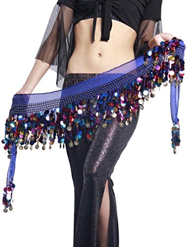 UPRIVER Women's Chiffon Dangling Coins Belly Dance Wrap Belt Dark Blue