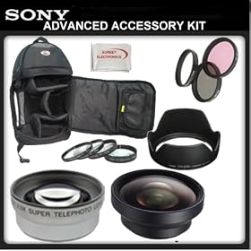Advanced Accessory Kit for SONY HDR-FX7. Includes 0.45X High Defintion Wide Angle Lens, 2x Telephoto Lens, Lens Hood, Filter Kit, Macro Lens Filter Kit, Professional Weather Resistant Backpack