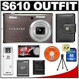 Nikon Coolpix S610 10-Megapixel Digital Camera (Smoke Gray) with 4x Optical Zoom + 4GB Memory Card + EN-EL12 Battery + Leather Case + Accessory Kit