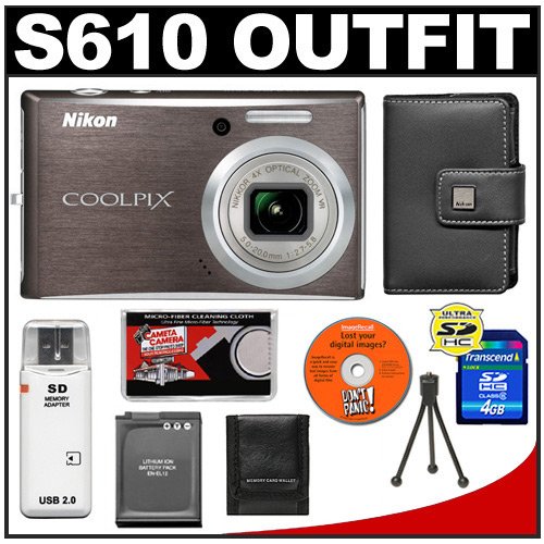 Nikon Coolpix S610 10-Megapixel Digital Camera (Smoke Gray) with 4x Optical Zoom + 4GB Memory Card + EN-EL12 Battery + Leather Case + Accessory Kit