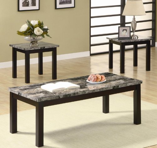 3pc Coffee Table and End Tables Set with Marble Top in Nut Brown Finish