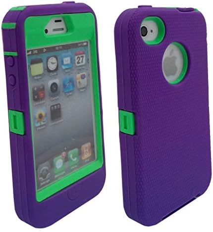 Iphone 4S case, Lucky On Durable Protective Dual Layer Hybrid Armor Defender Heavy Duty Shell Shockproof Case built-in Transparent Screen Protector for iPhone 4 4S (Purple &amp; Green)