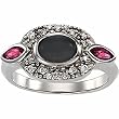 14K White Gold Onyx, Rhodolite Garnet and Diamond Ring