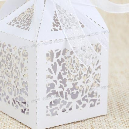 Daisy Closet 50 Pack White Vine Filigree Cut Favor Candy Box Bomboniere with Ribbons Wedding Bridal Shower Party Favors