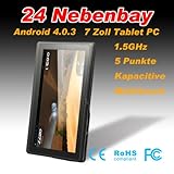 7 Zoll Tablet PC, 5 Punkt kapazitive MULTITOUCH , Cortex A8 Kernel, bis 1,5GHz?CPU bis 1.2Ghz + GPU 400MHz?, 512MB DDR3 RAM, 4GB Flash-Speicher, Android 4.0 mit Headset OHNE HDMI