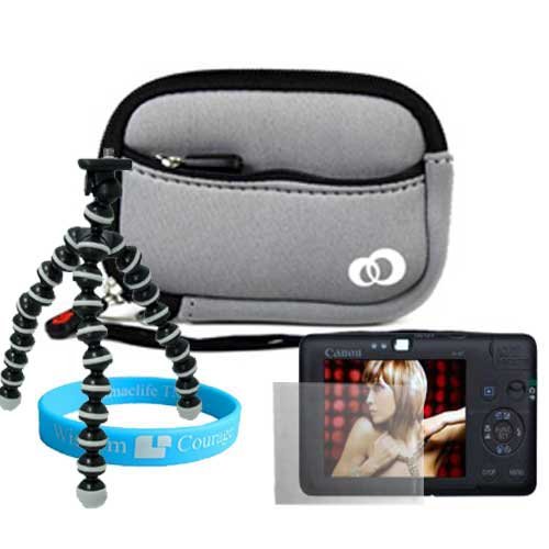 Gray Mini Glove Carrying Case for Canon Powershot SD1400 IS Sx210 IS SD3500 IS SD940 IS SX200 IS + Tripod + Screen Protector + Wisdom * Courage Wristband
