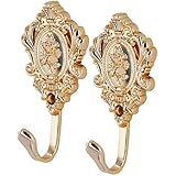 OULII 2-Pack Vintage Drapery Curtain Holdbacks Tieback Hooks Rose Pattern (Golden)