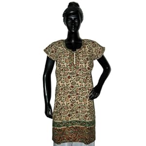 Cotton Kurtis-designer Khaki Gorgeous Kalamkari Print Paisley Sequins Kurti Tunic Top Blouse India L