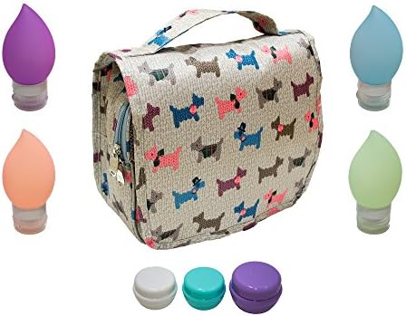 Hanging Toiletry Travel Kit | Oranizer Bag with 3oz Silicone Bottles and Cream Containers (Dogs!)
