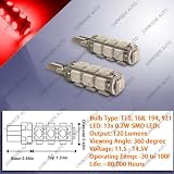 High Power CANBUS LED Bulbs (360-degree view / 13x 0.2W) - Pair (T10, 168, 194, 921 Type, Red)